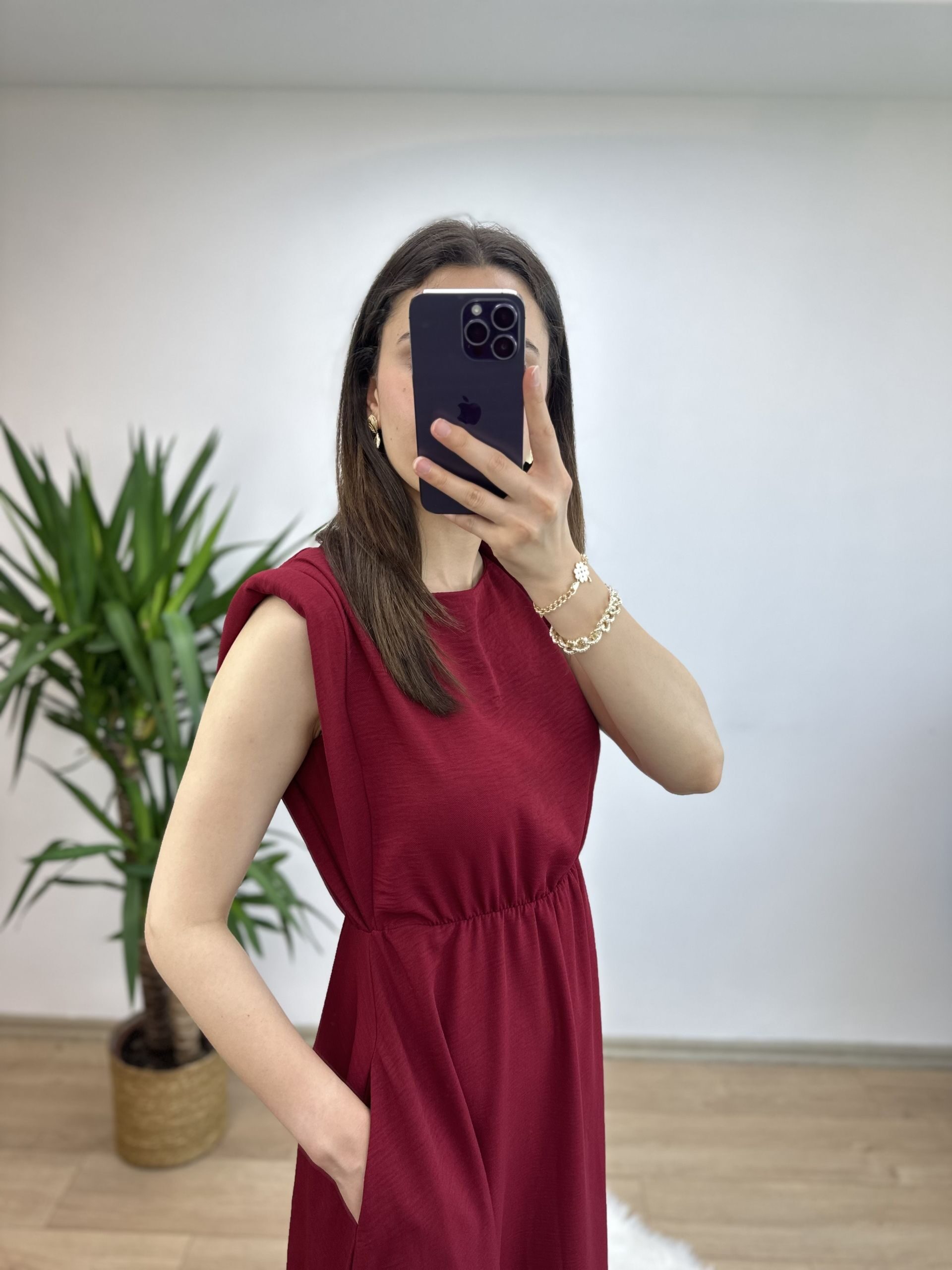 Bordo Vatkalı Basic Elbise - Görsel 5