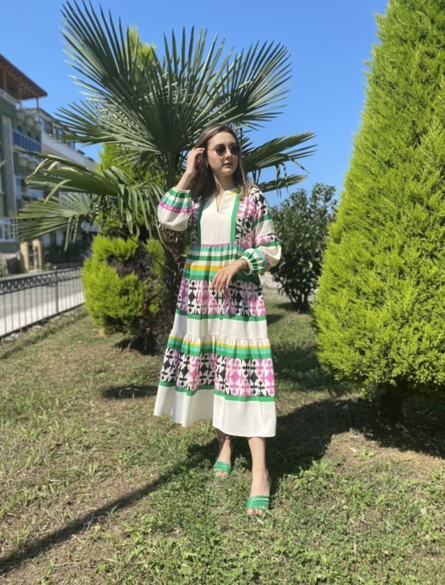 Yeşil Desenli Uzun Kol Elbise