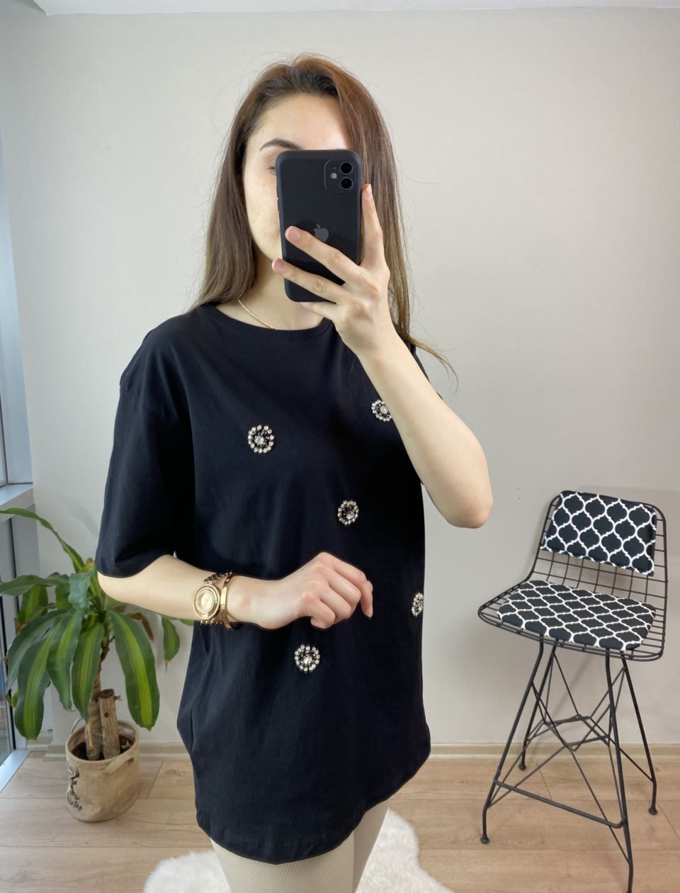 Siyah Taşlı Oversize Tshirt - Görsel 4