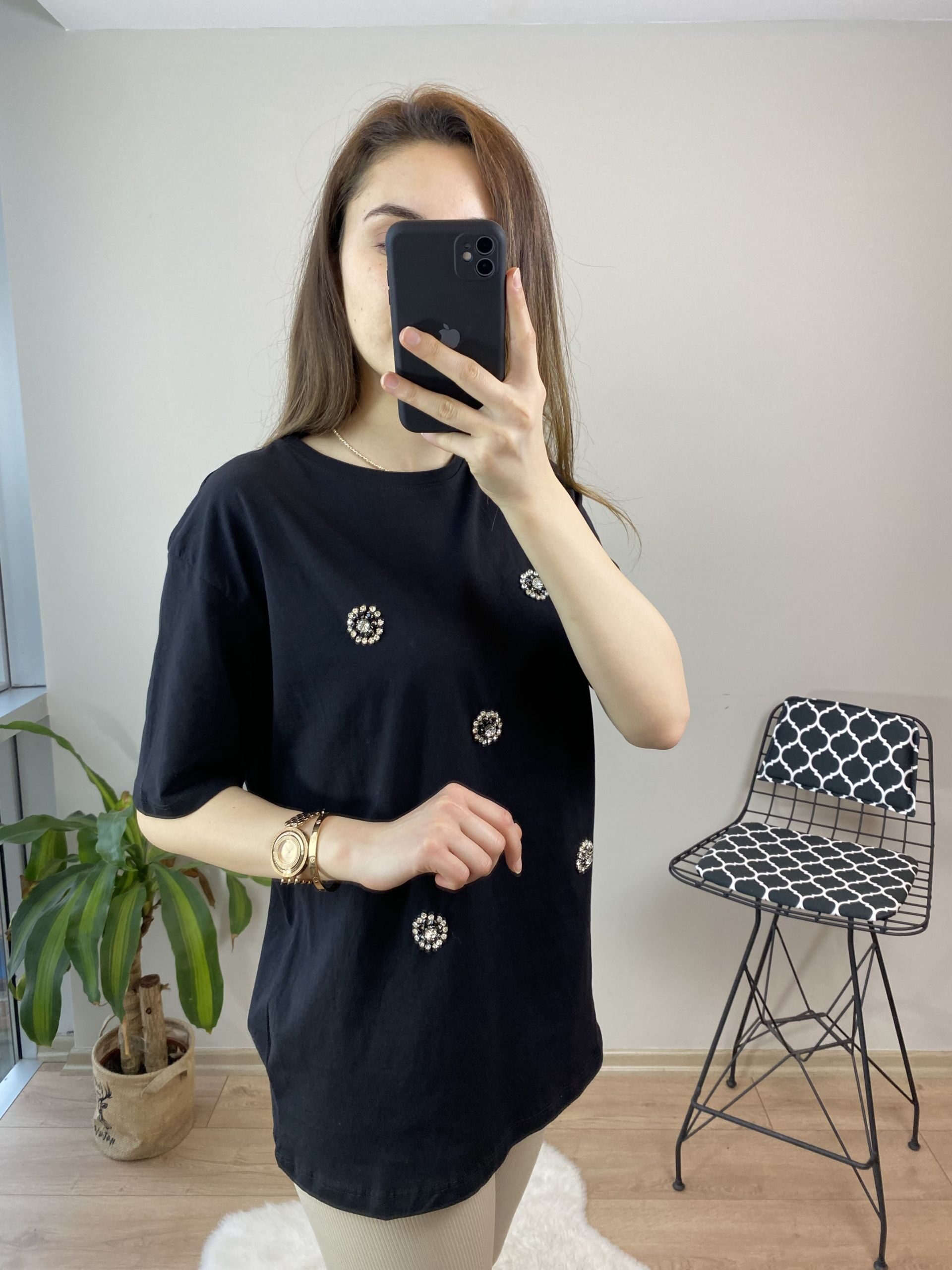Siyah Taşlı Oversize Tshirt - Görsel 4