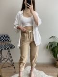Camel Beli İpli Paça Pensli Pantolon