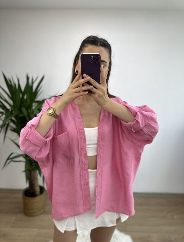 Pembe Düşük Omuz Oversize Gömlek