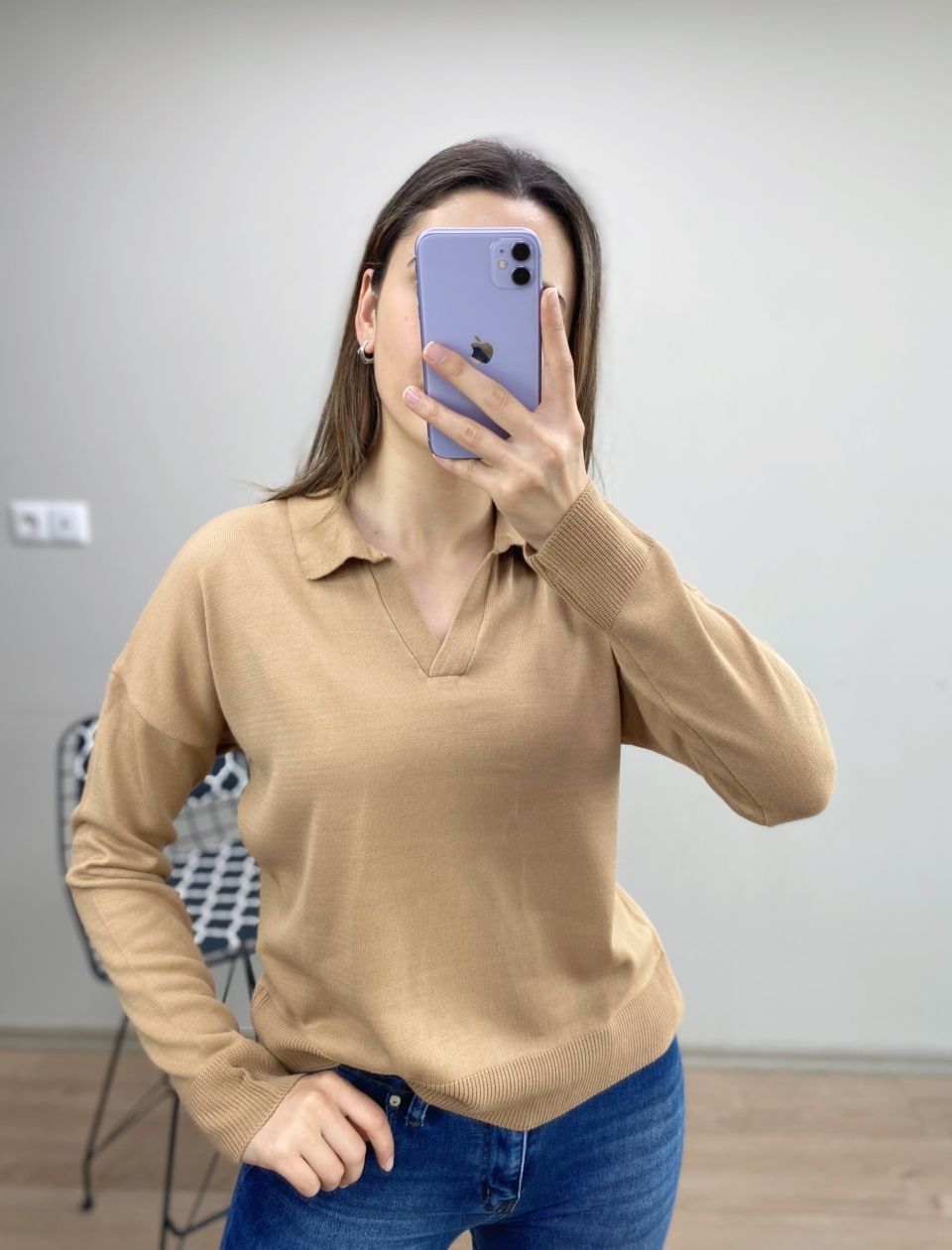 Camel Polo Yaka İnce Kazak - Görsel 2