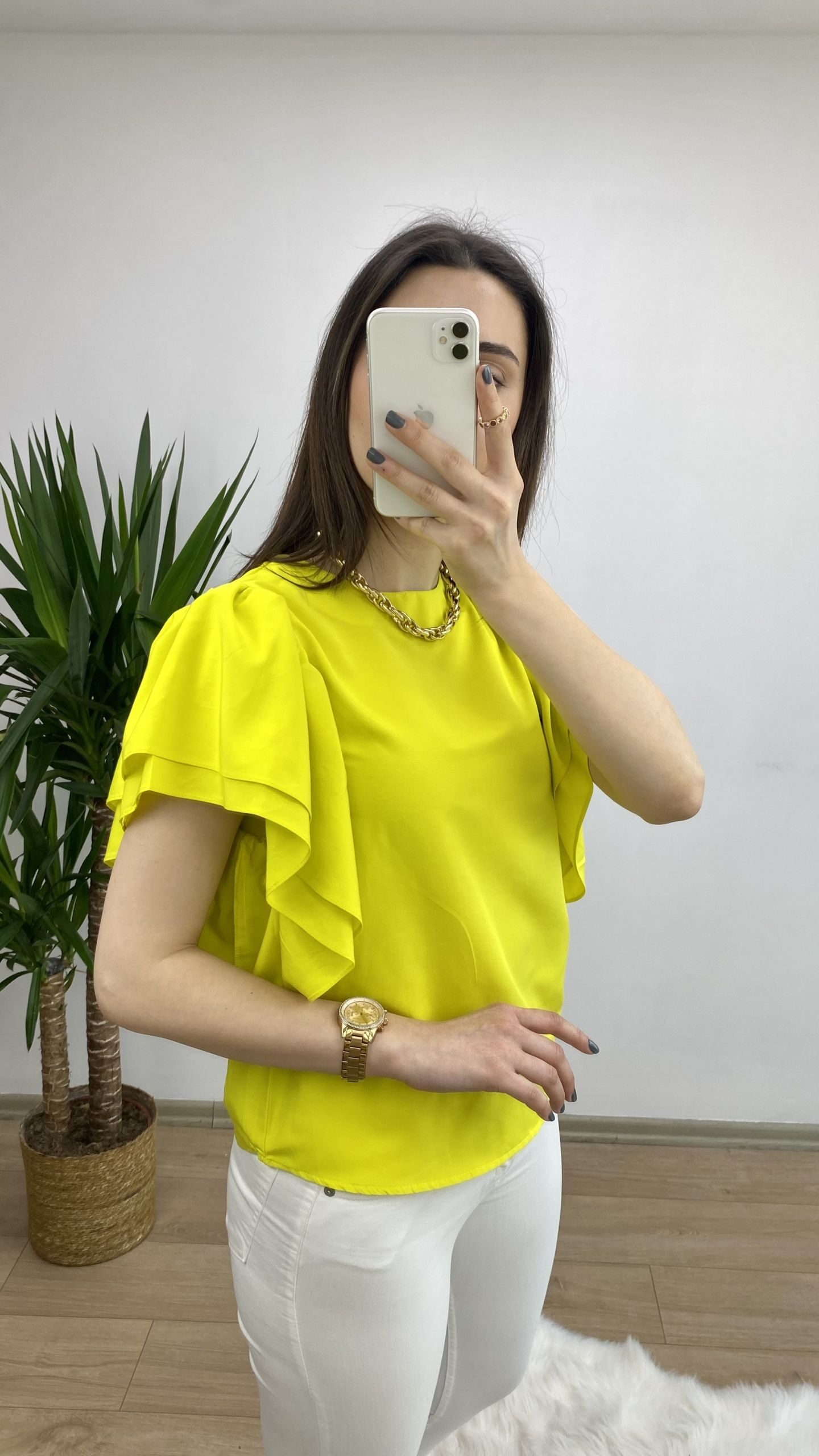 Sarı Kolları Volanlı Poplin Bluz - Görsel 2