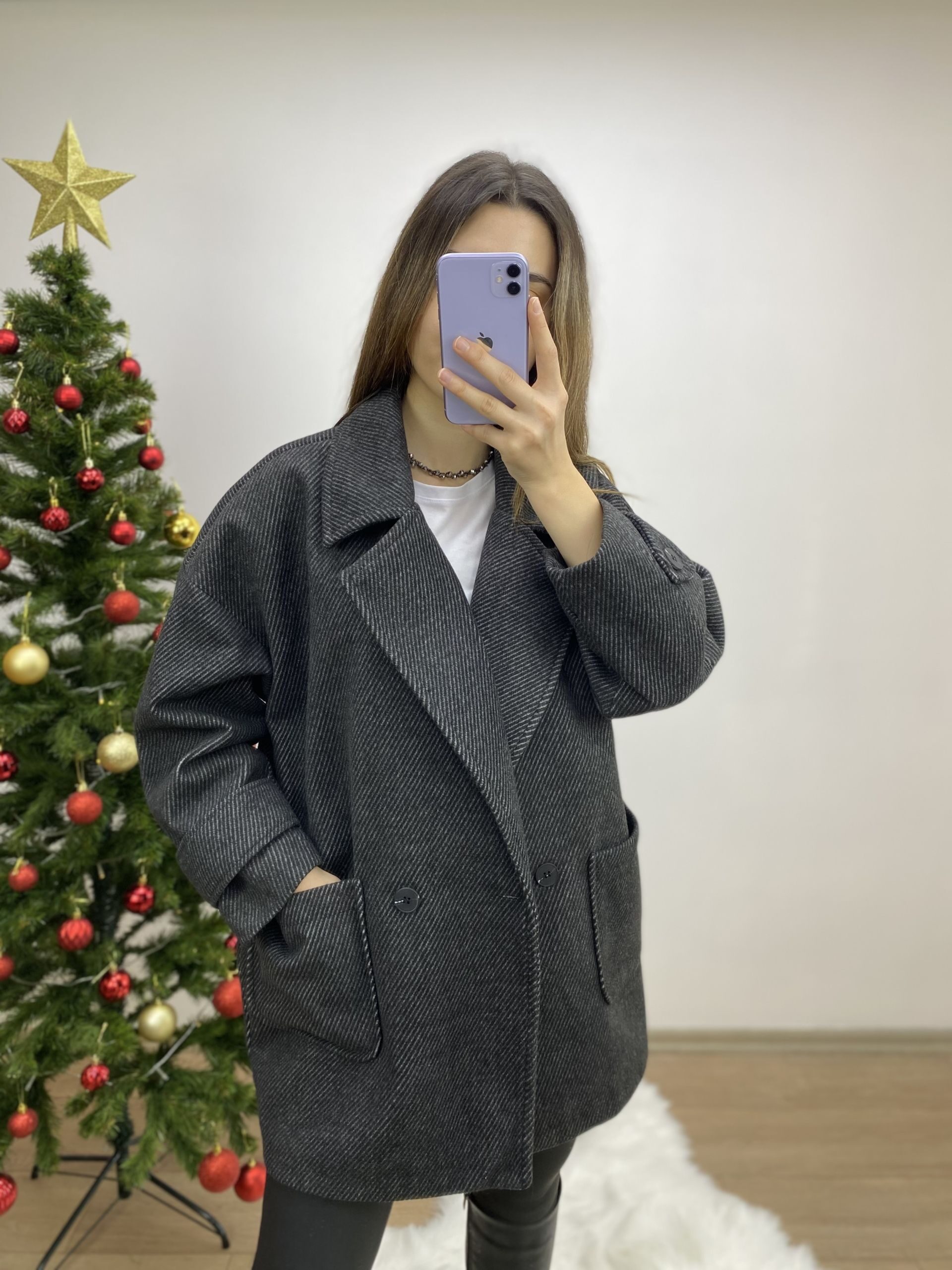 Antrasit Kırçıllı Oversize Kaban - Görsel 3