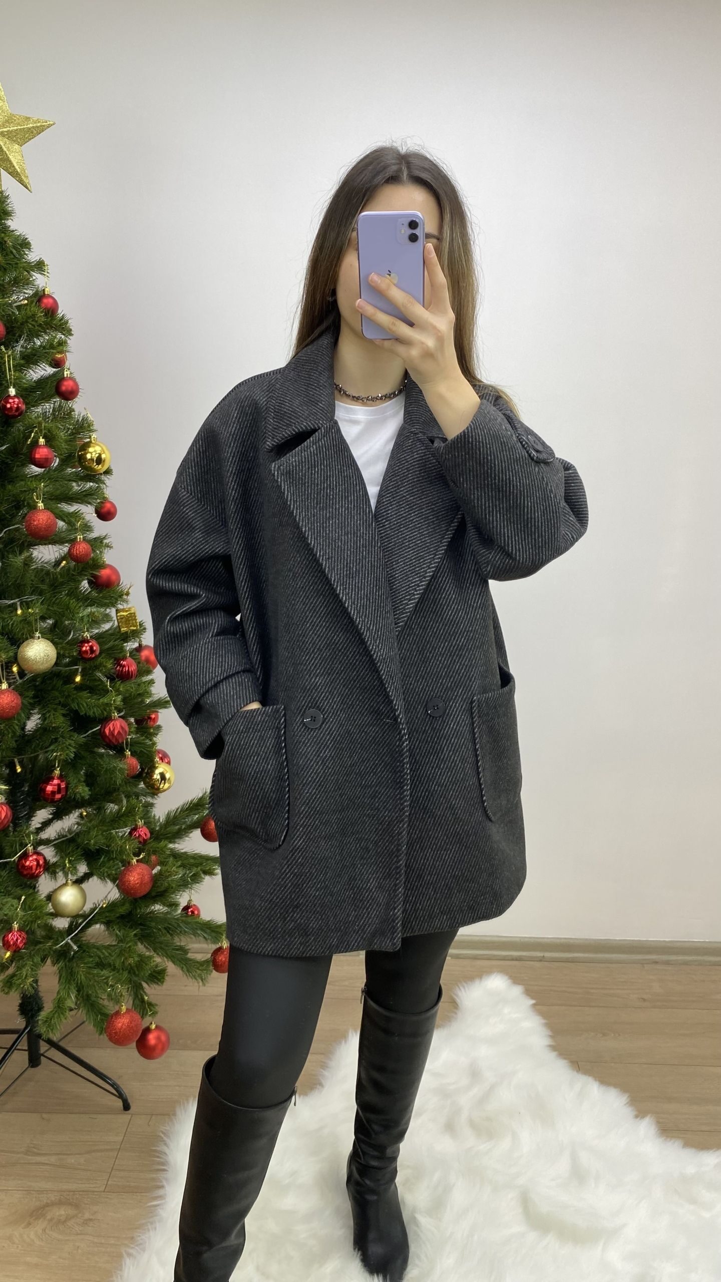 Antrasit Kırçıllı Oversize Kaban