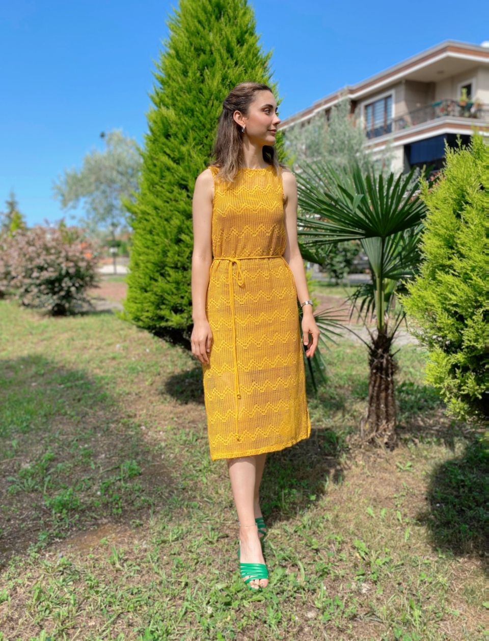 Hardal Kuşaklı File Elbise - Görsel 3