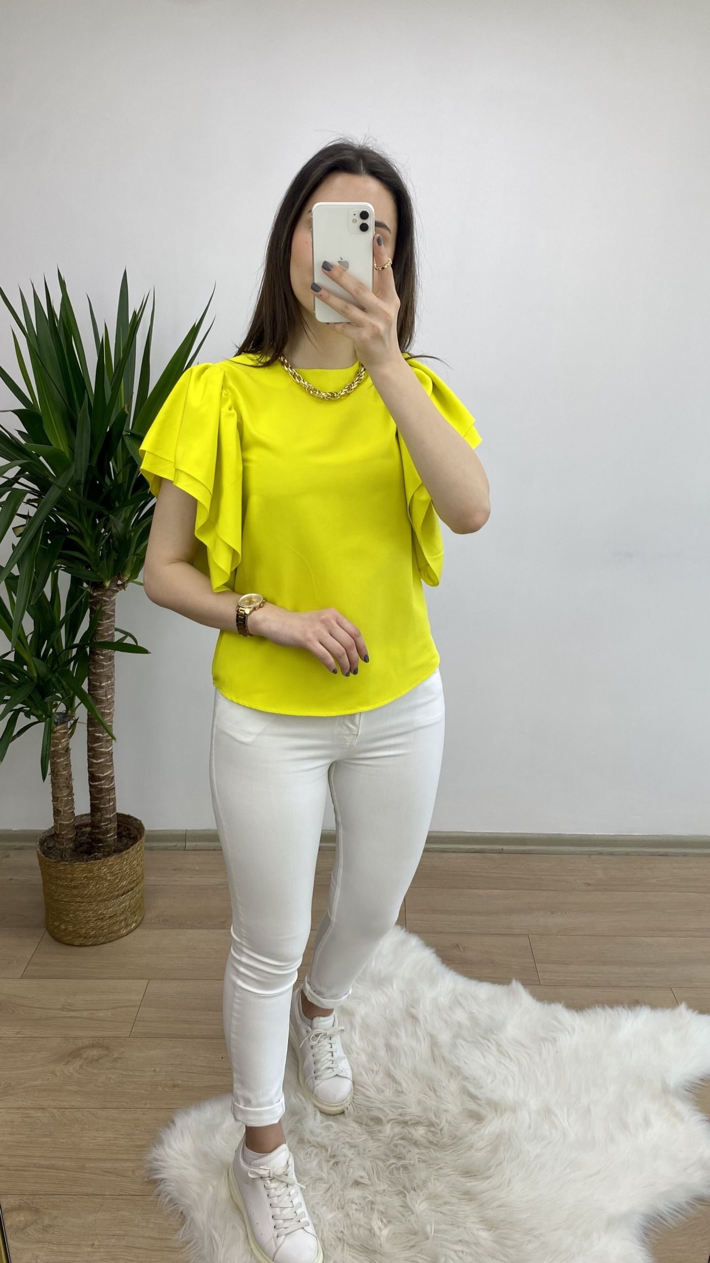Sarı Kolları Volanlı Poplin Bluz