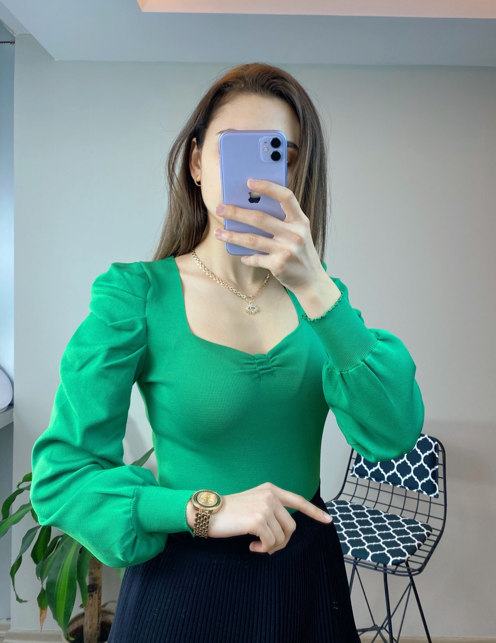 Yeşil Prenses Kol Triko Bluz