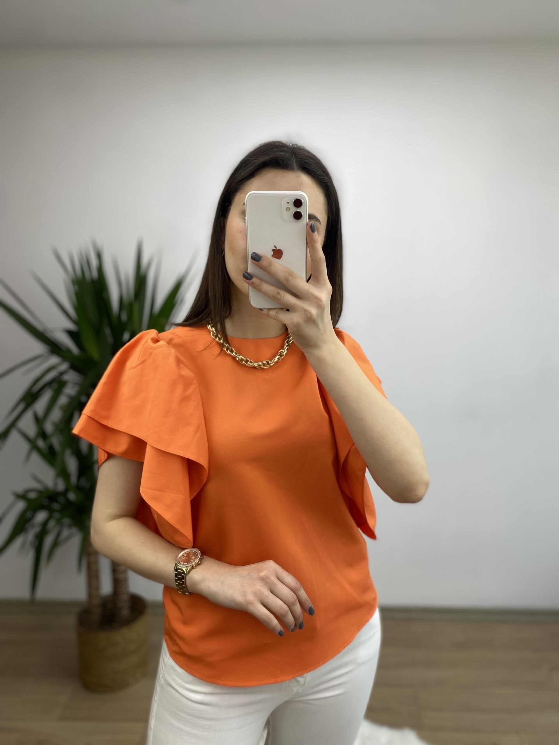 Turuncu Kolları Volanlı Poplin Bluz - Görsel 4