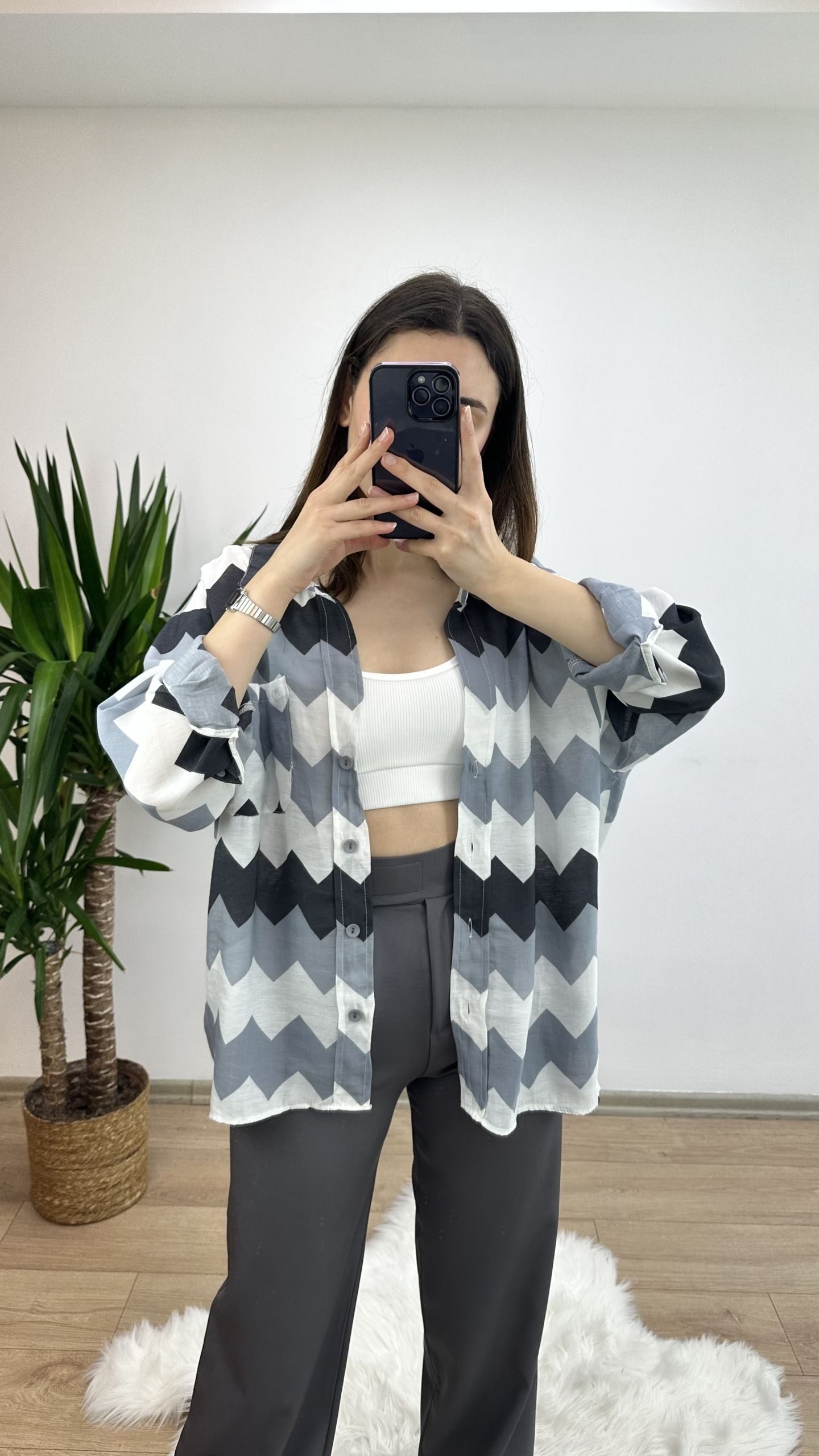 Gri Zigzag Desen Oversize Gömlek