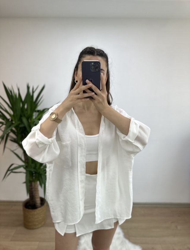 Beyaz Düşük Omuz Oversize Gömlek
