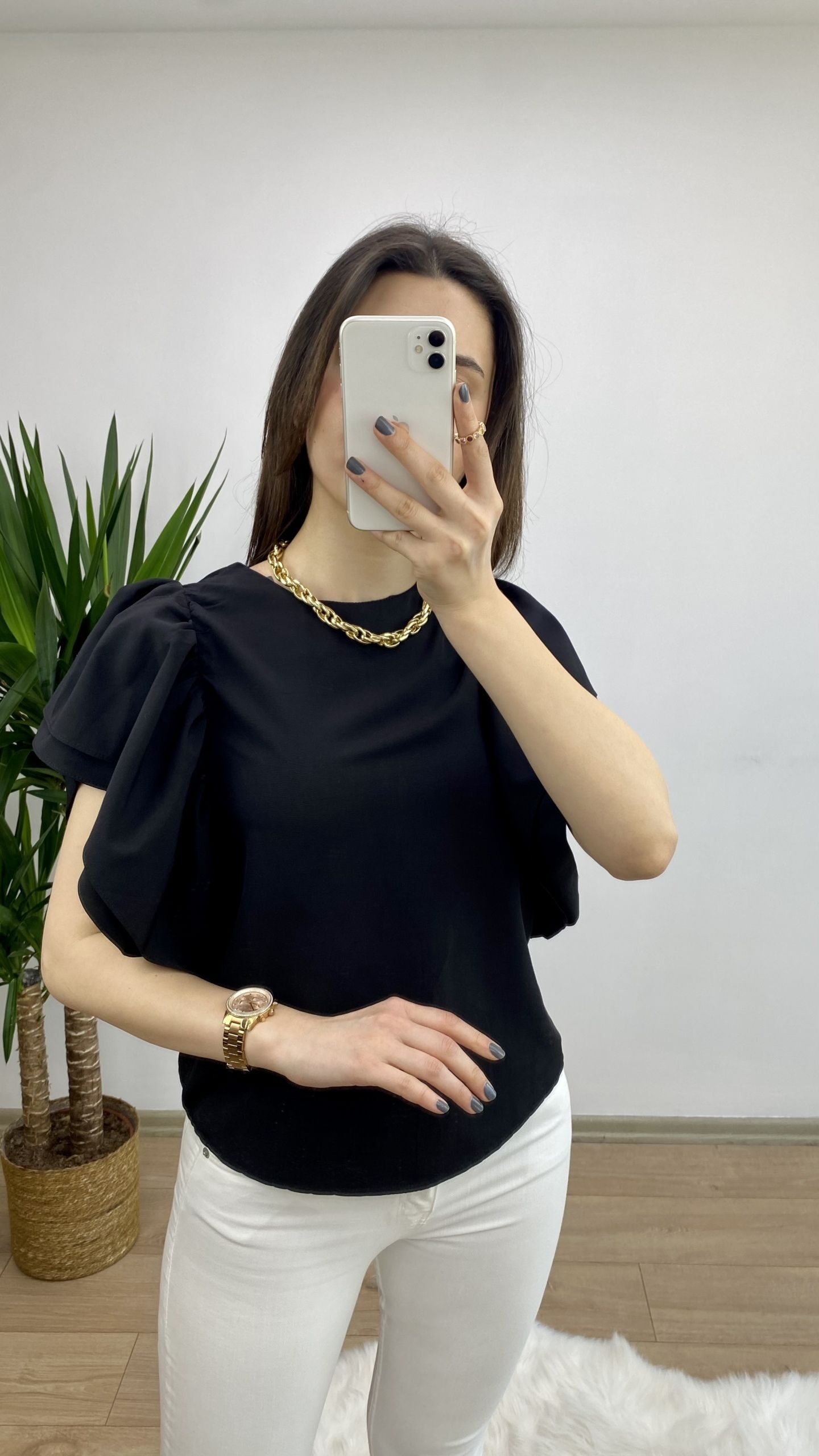 Siyah Kolları Volanlı Poplin Bluz - Görsel 2