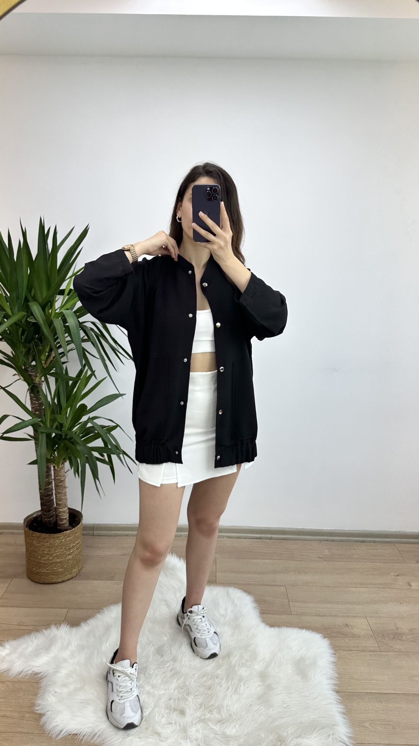 Siyah Keten Bomber Ceket