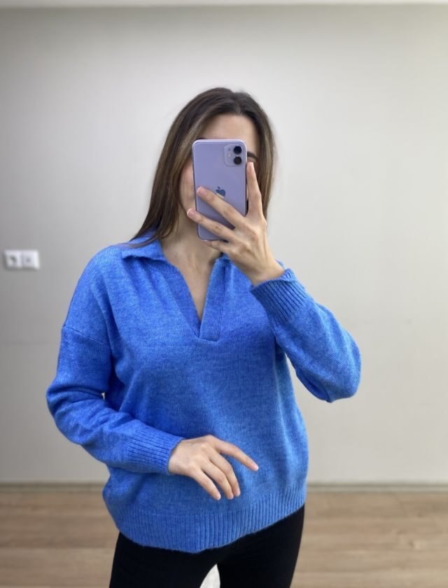 Mavi Polo Yaka Örme Kazak