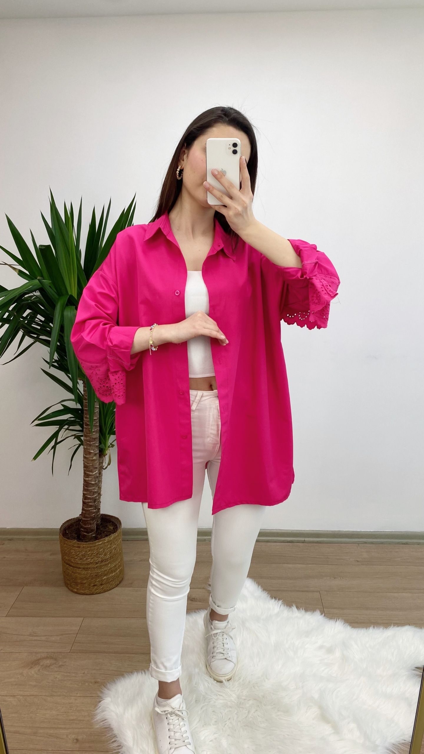 Fuşya Fisto Detay Oversize Gömlek - Görsel 4