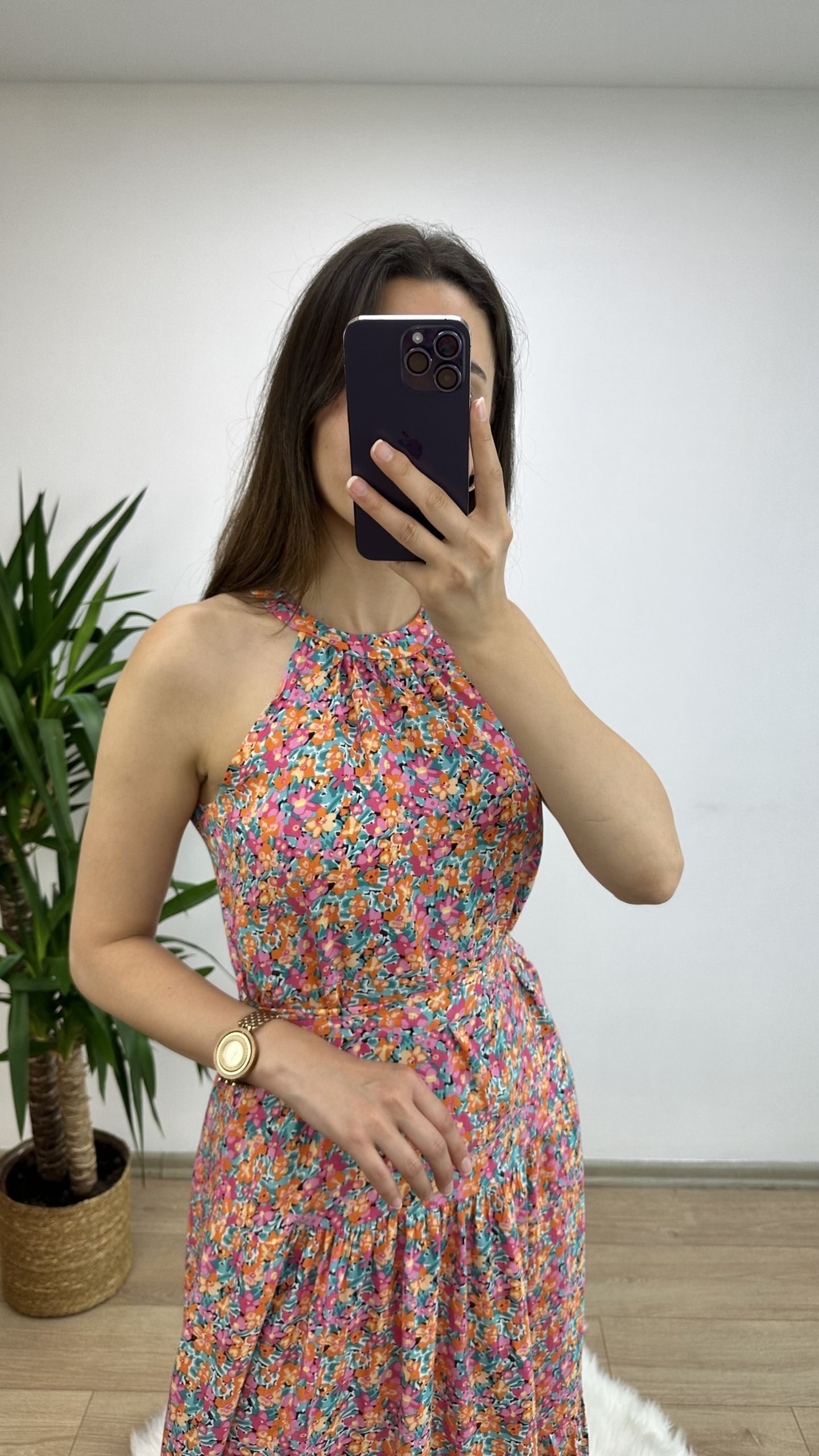 Pembe Çiçek Desen Halter Yaka Elbise - Görsel 2
