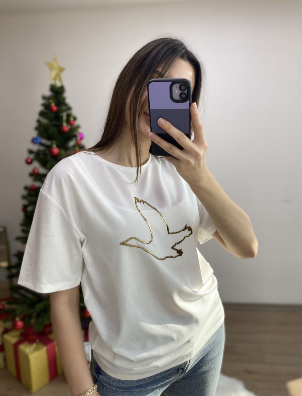 Beyaz Kuş Baskılı Tshirt - Görsel 3