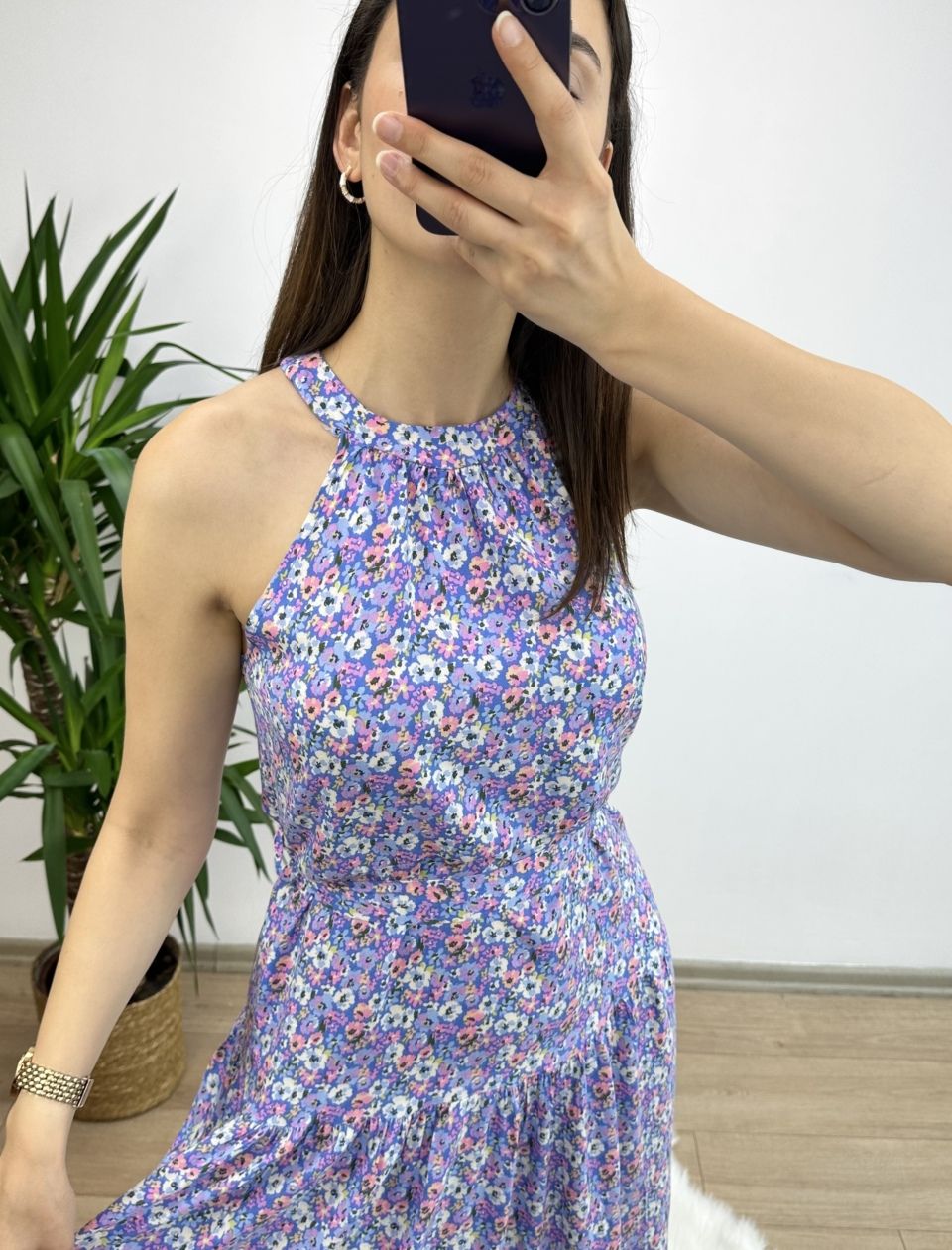 Lila Çiçek Desen Halter Yaka Elbise - Görsel 3