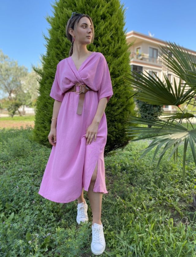 Pembe Kruvaze Keten Elbise