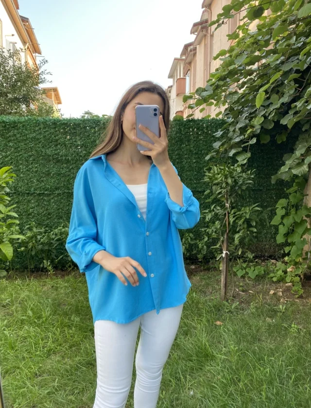 Açık Mavi Oversize Keten Gömlek