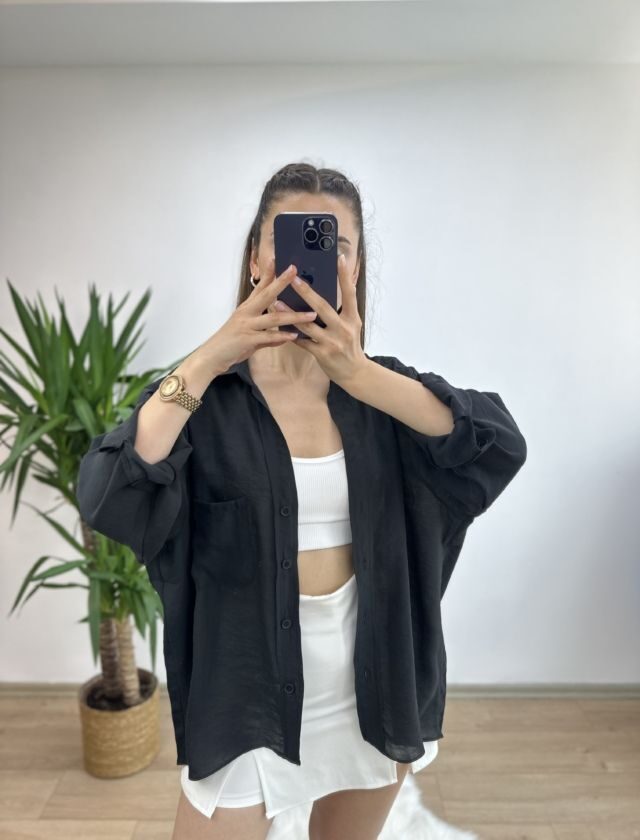 Siyah Düşük Omuz Oversize Gömlek