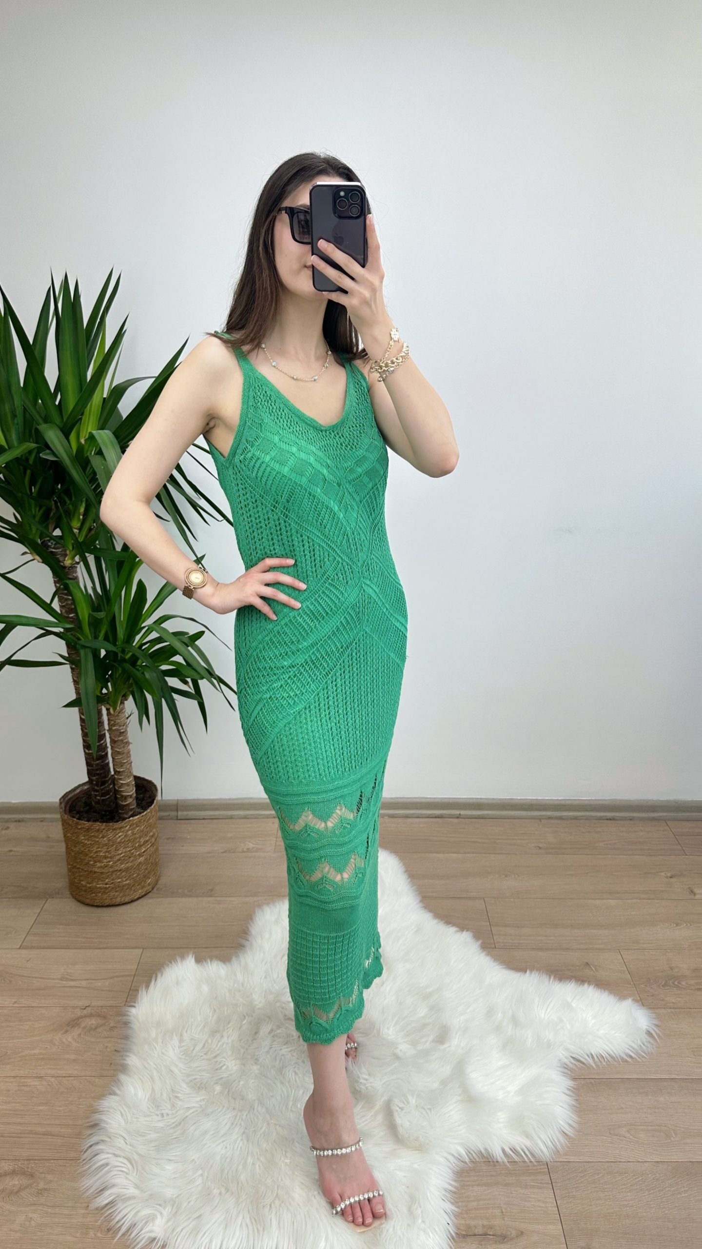 Yeşil Astarlı Örme Triko Elbise - Görsel 3