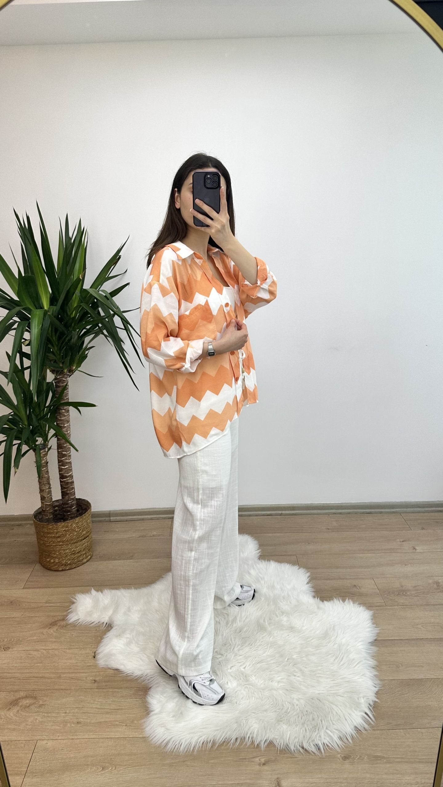 Turuncu Zigzag Desen Oversize Gömlek - Görsel 5