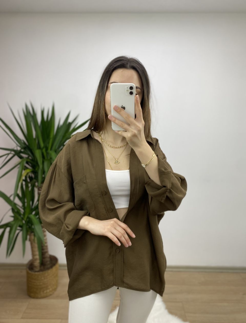 Kahve Düşük Omuz Oversize Gömlek - Görsel 3
