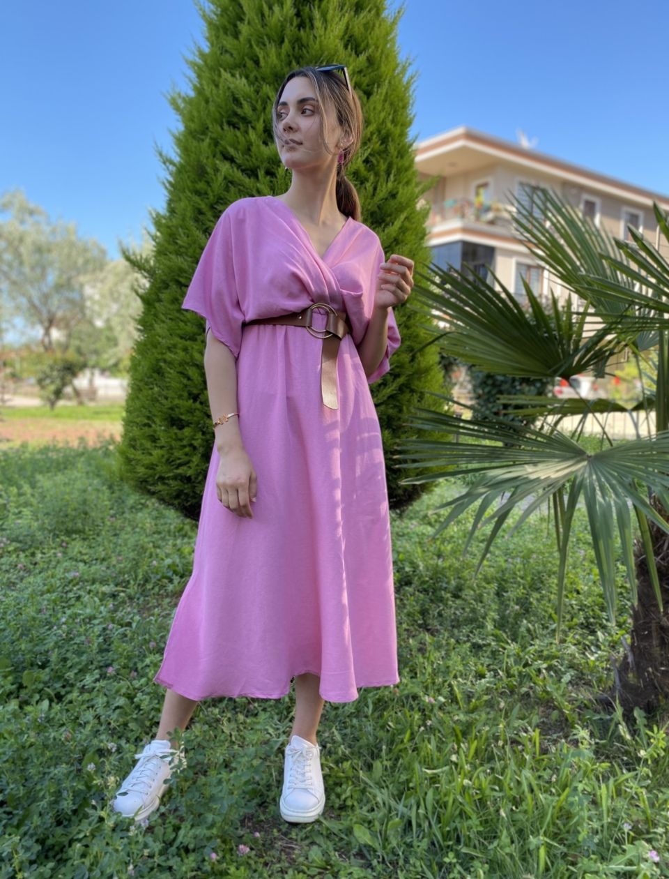 Pembe Kruvaze Keten Elbise - Görsel 4