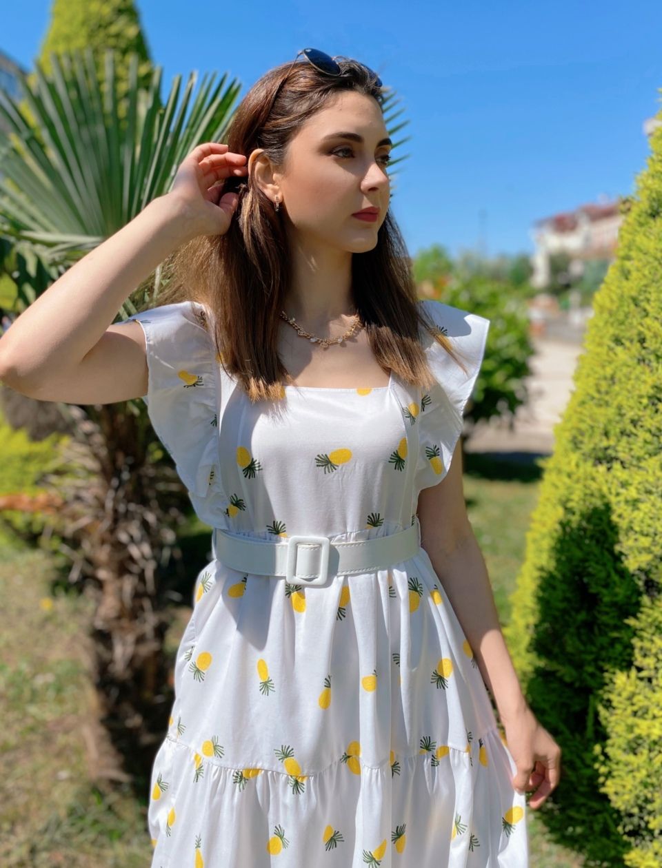 Beyaz Ananaslı Kemerli Elbise - Görsel 5