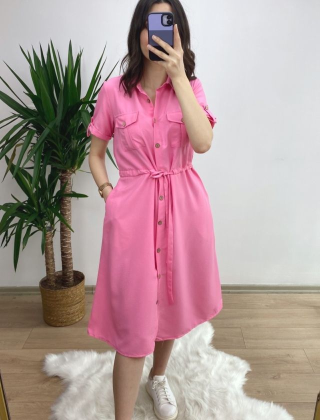 Pembe Gömlek Yaka Beli Büzgülü Tensel Elbise