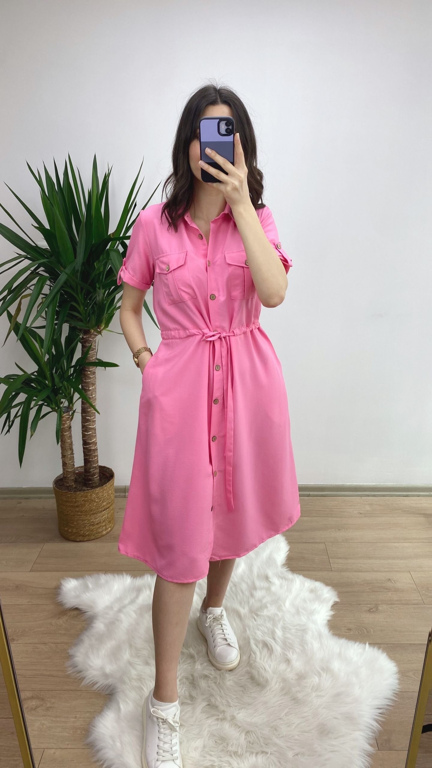 Pembe Gömlek Yaka Beli Büzgülü Tensel Elbise