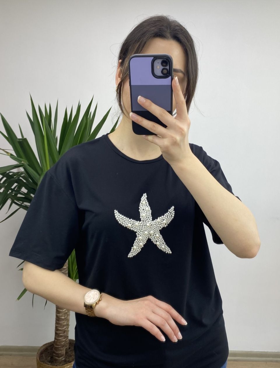 Siyah Yıldız İncili T-shirt - Görsel 5
