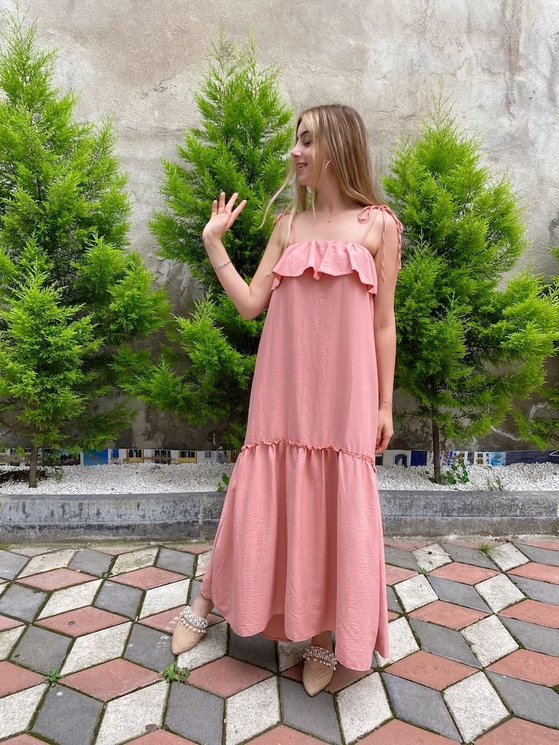 Pembe İp Askılı Elbise