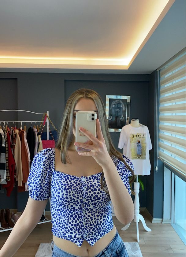 Mavi Balon Kol Benekli Bluz