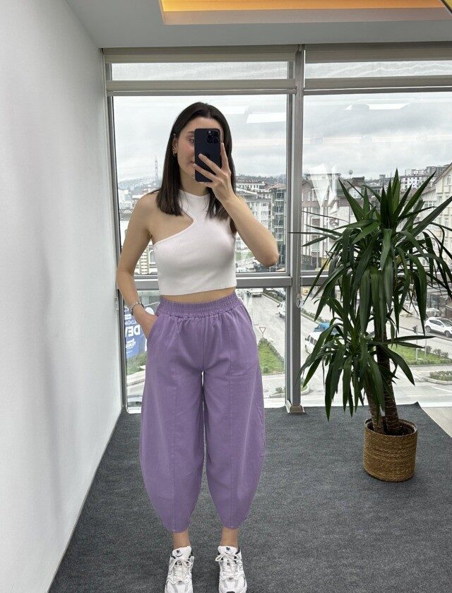 Lila Dikişli Gabardin Şalvar Pantolon