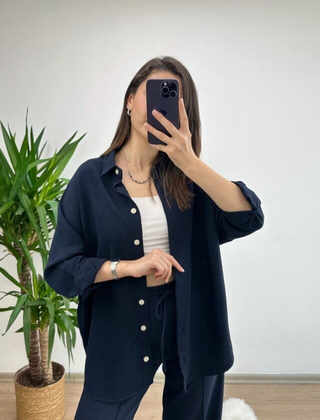 Lacivert Oversize Keten Gömlek