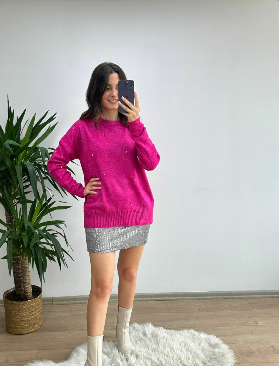Pembe Taşlı Premium Triko Kazak - Görsel 3