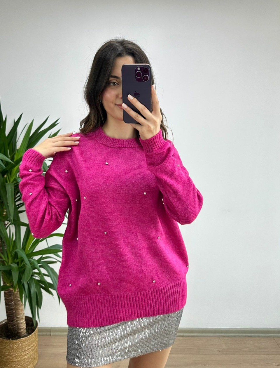 Pembe Taşlı Premium Triko Kazak