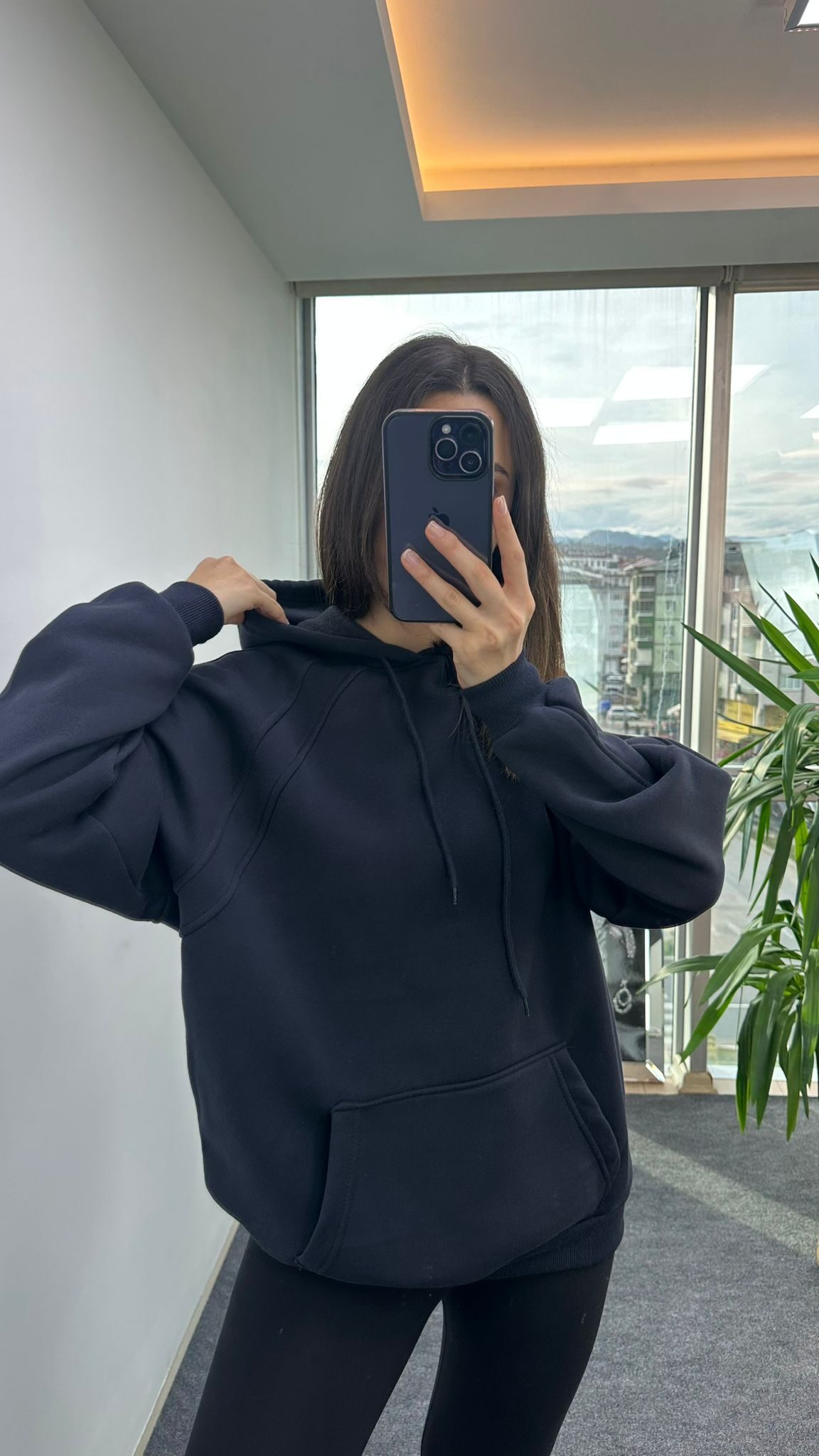 Dark Blue Dikişli Kapşonlu Sweat