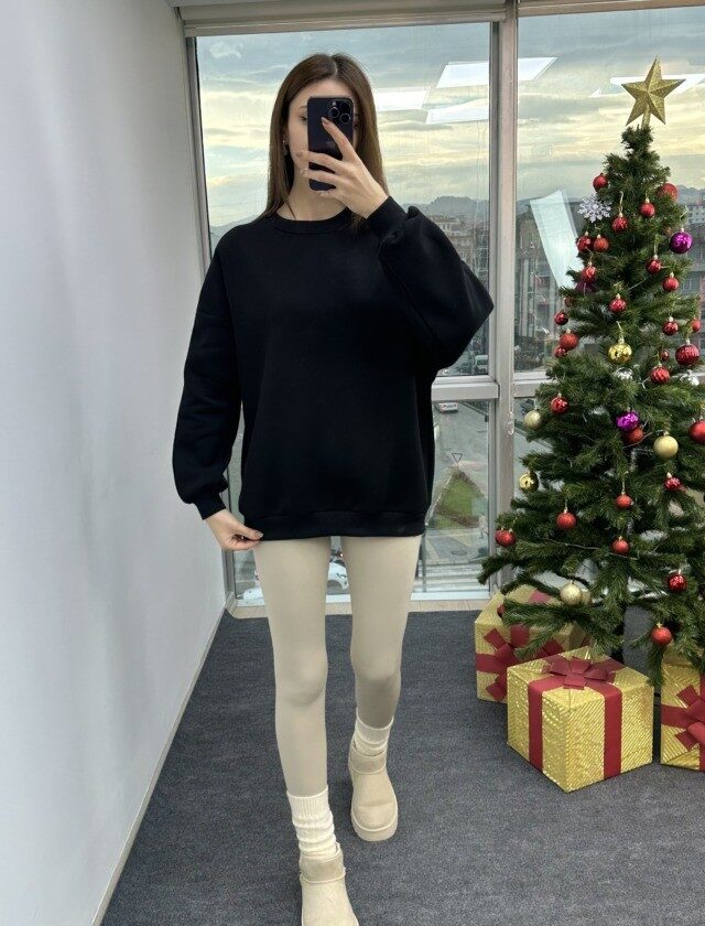 Siyah Oversize Şardonlu Sweat