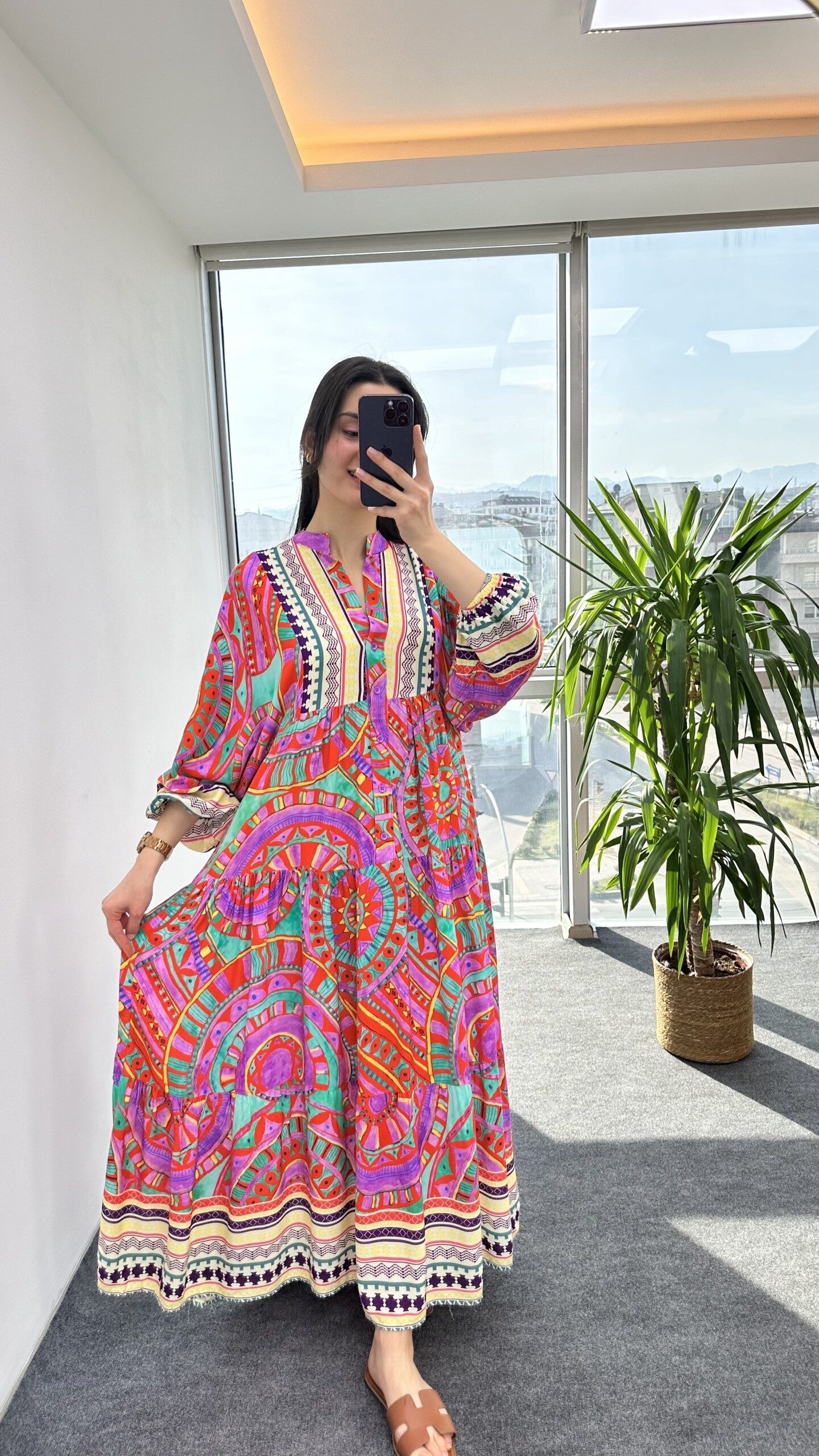 Pembe Asimetrik Desen Salaş Elbise - Görsel 2