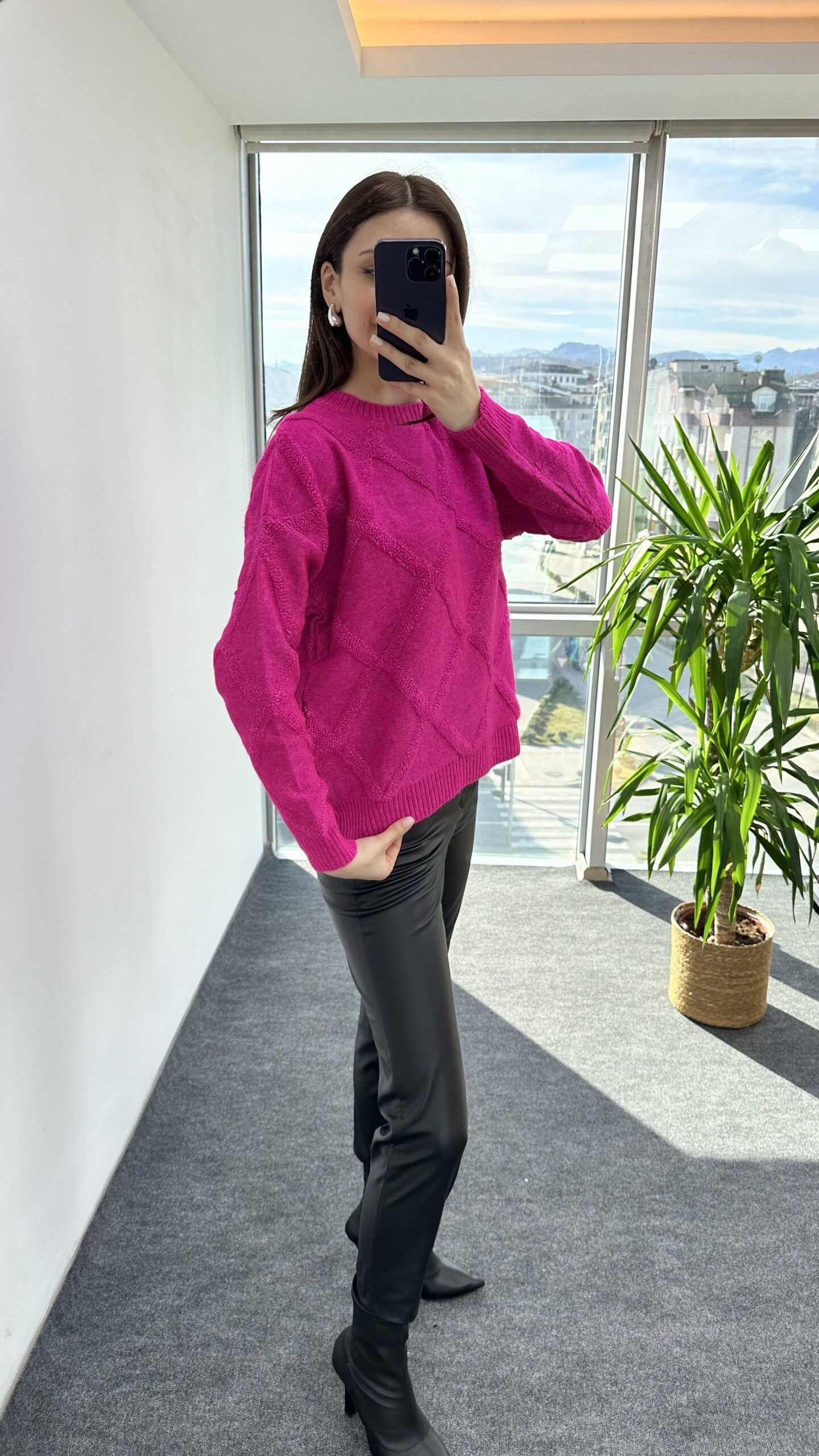 Pembe Kendinden Desenli Kazak - Görsel 4