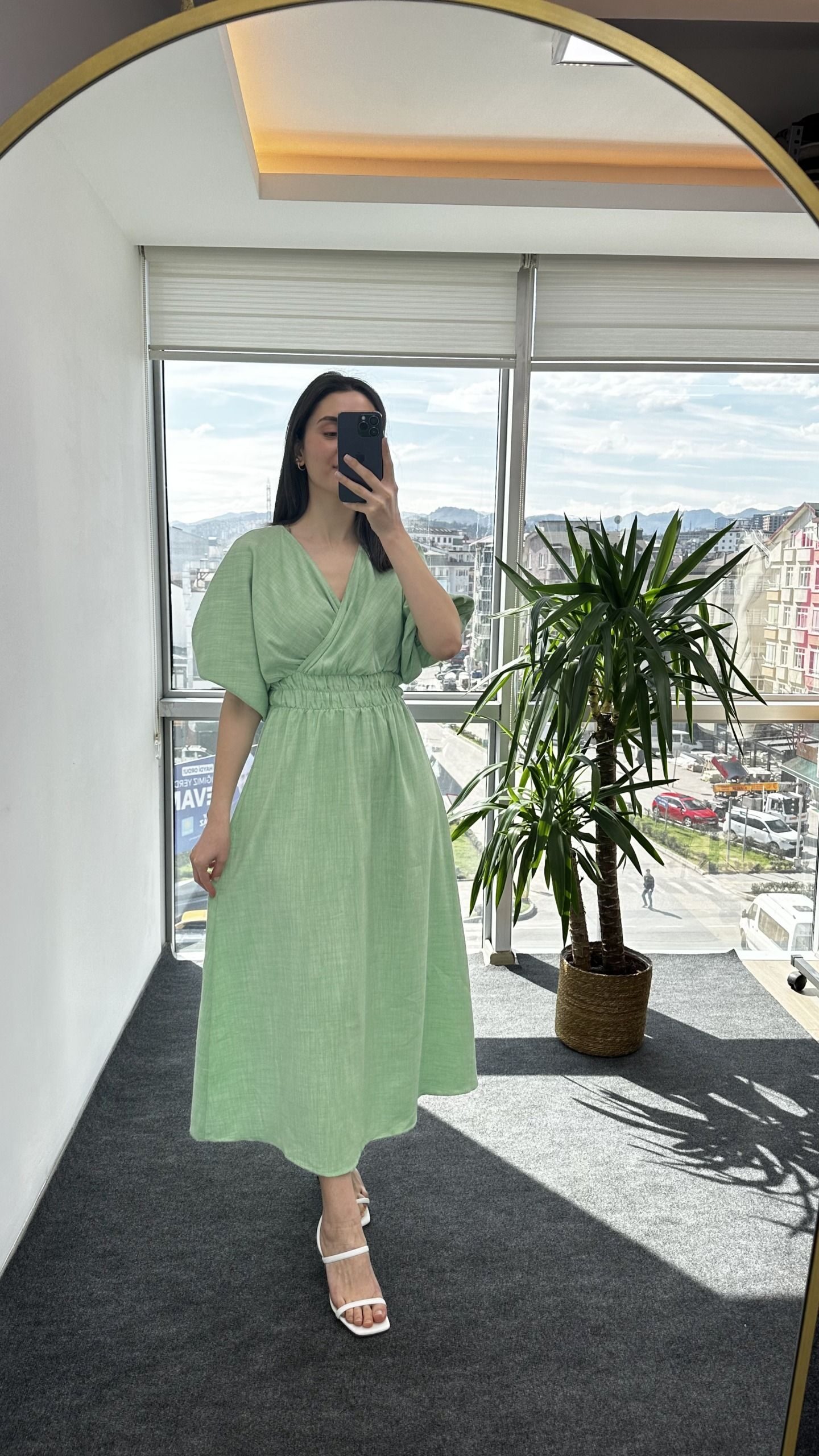 Mint Yeşili Kruvaze Keten Elbise