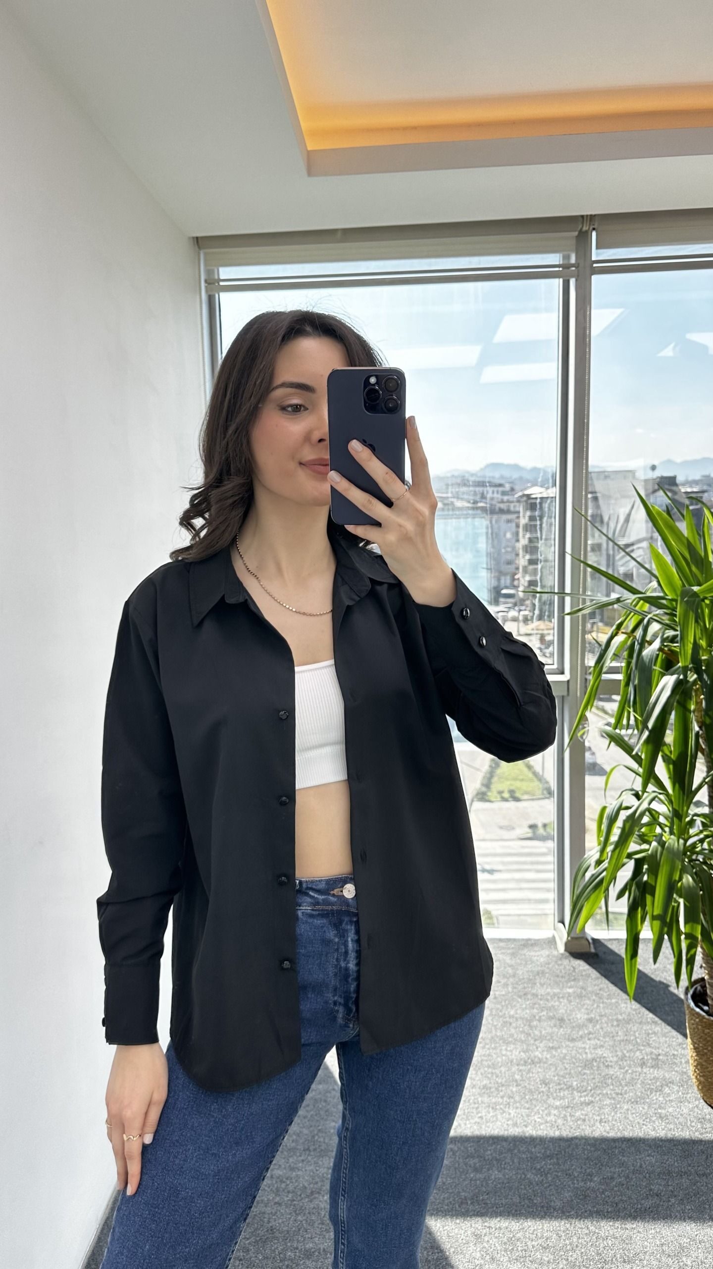 Siyah Basic Poplin gömlek - Görsel 4