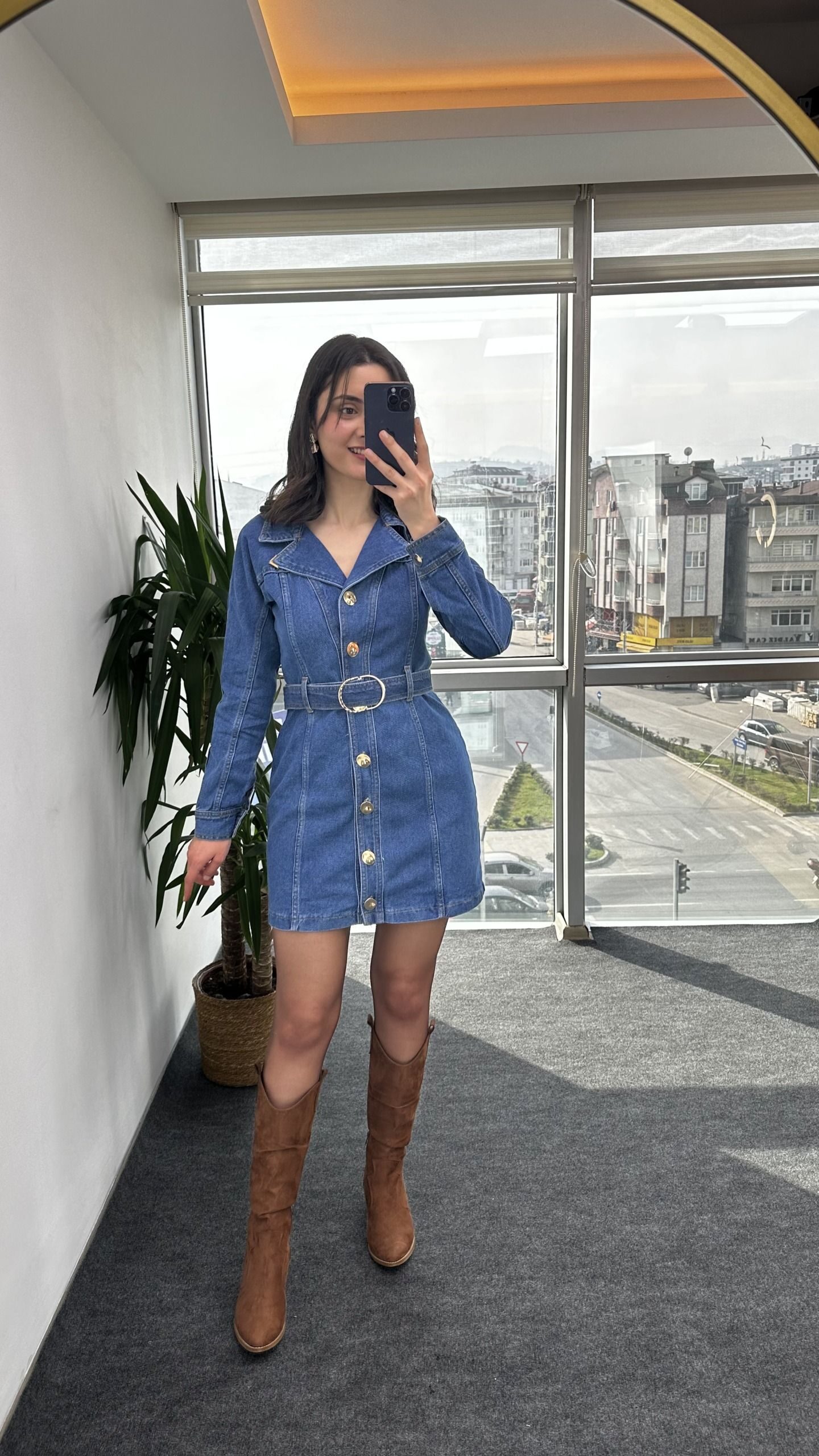 Premium Kemerli Denim Elbise - Görsel 4