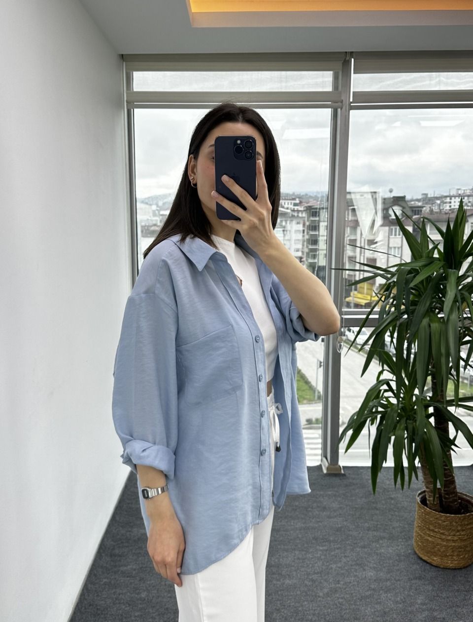 Açık Mavi Düşük Omuz Oversize Gömlek - Görsel 5