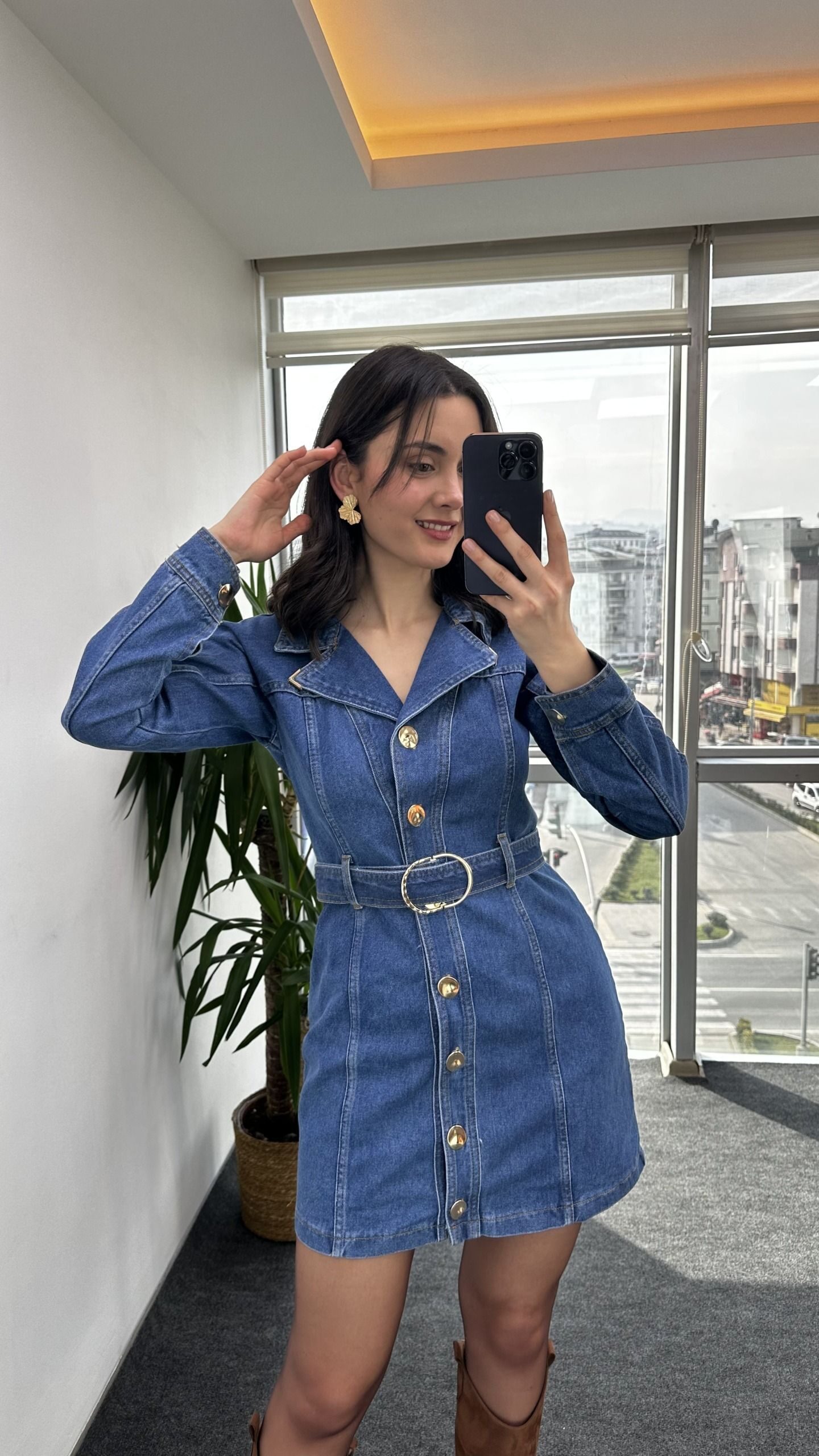 Premium Kemerli Denim Elbise - Görsel 5
