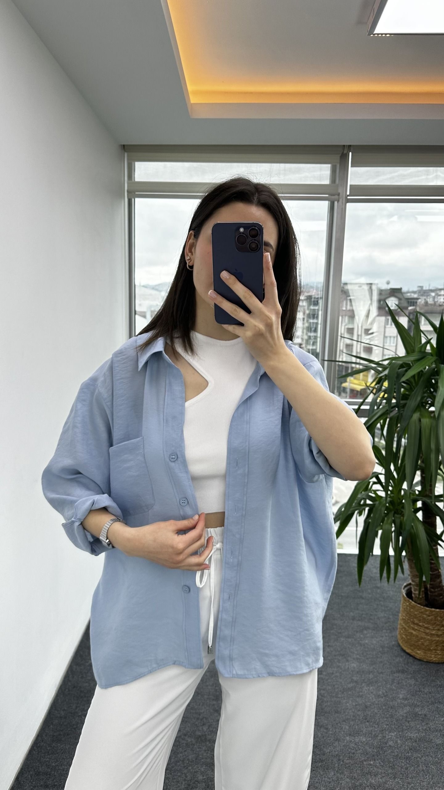 Açık Mavi Düşük Omuz Oversize Gömlek - Görsel 6